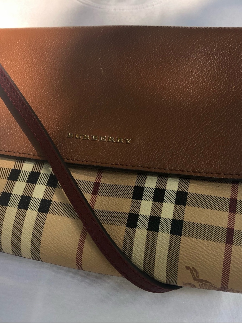 Burberry Tan & Brown Check Crossbody Bag with Burgundy Strap